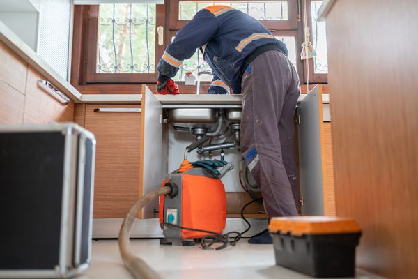 Ein Mitarbeiter von Rohrreinigung Bauer der einen verstopften Küchenspülenabfluss wieder frei macht